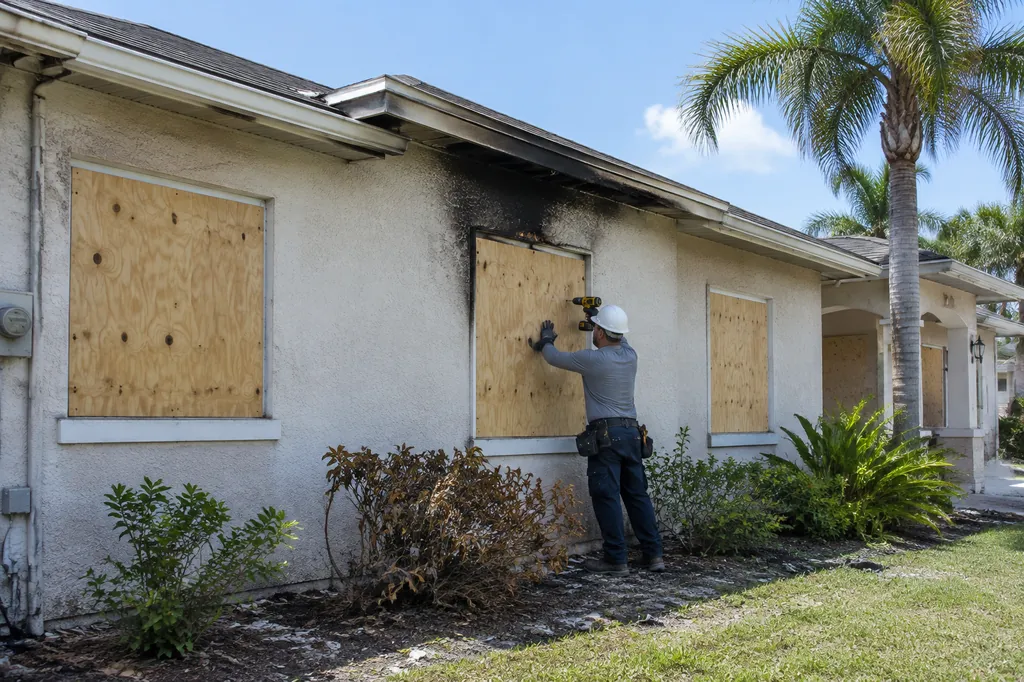 Worker boarding up windows on a Florida stucco home after a fire