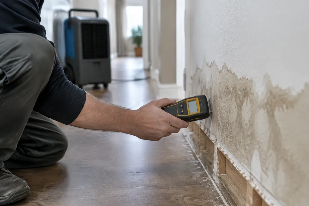 Technician checking a water-stained wall with a moisture meter, dehumidifier behind
