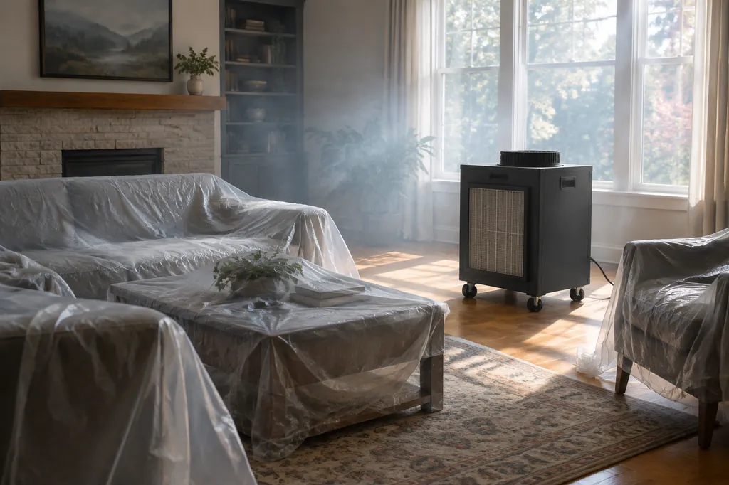 Air scrubber running in a living room with furniture covered in plastic