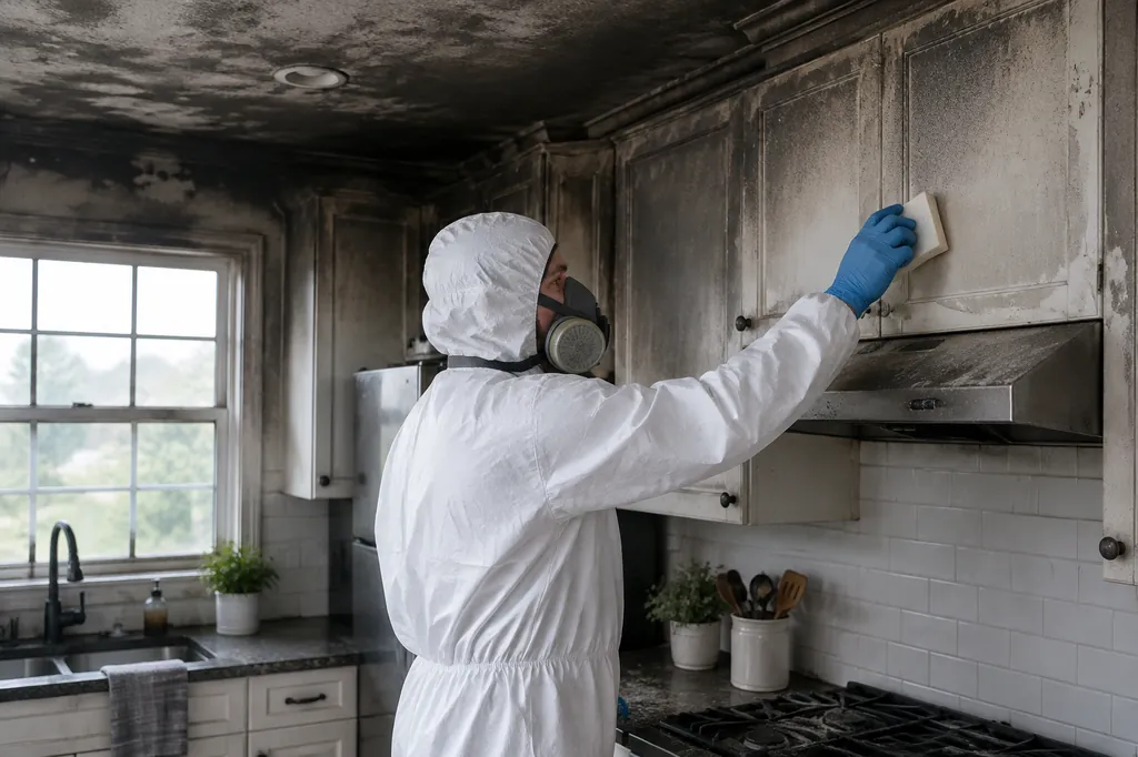 Worker in protective suit cleaning soot from kitchen cabinets after a fire