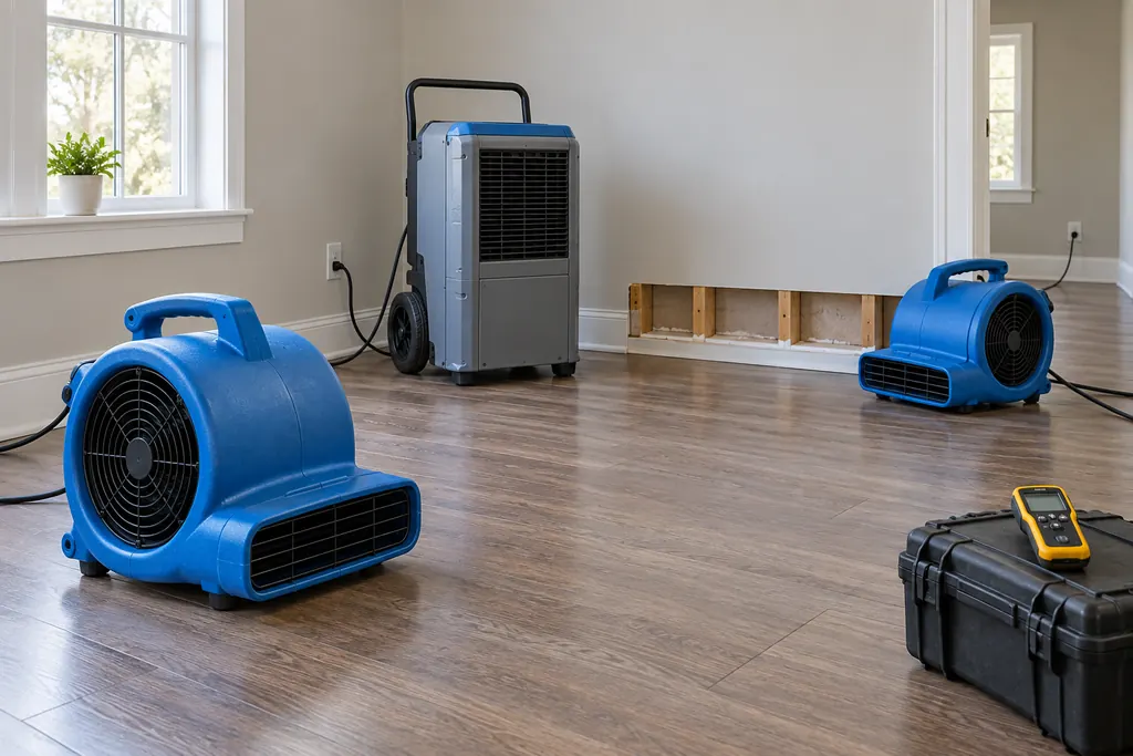 Air movers and dehumidifier drying a room after water removal