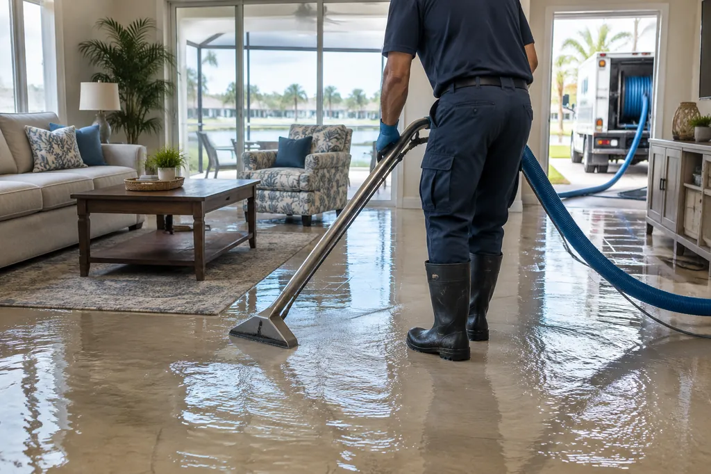 Technician extracting standing water from a tile floor in a Florida living room